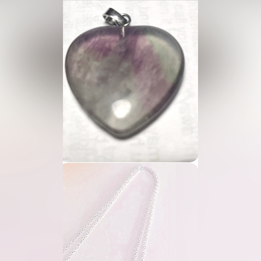 NWOT necklace Heart Fluorite Stone purple, green silver hypoallergenic 18” chain